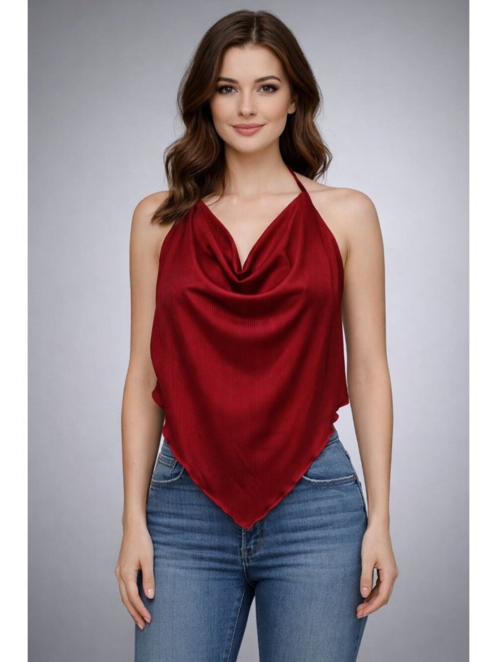 Shein Womens Shirt Extra Large Red Draped Front Backless Halter V Neck Strap